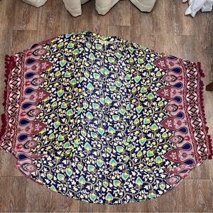 GiGio Plus Boho Kimono | 2XL Navy Floral Paisley Rayon | Tassel Trim | Plus Size